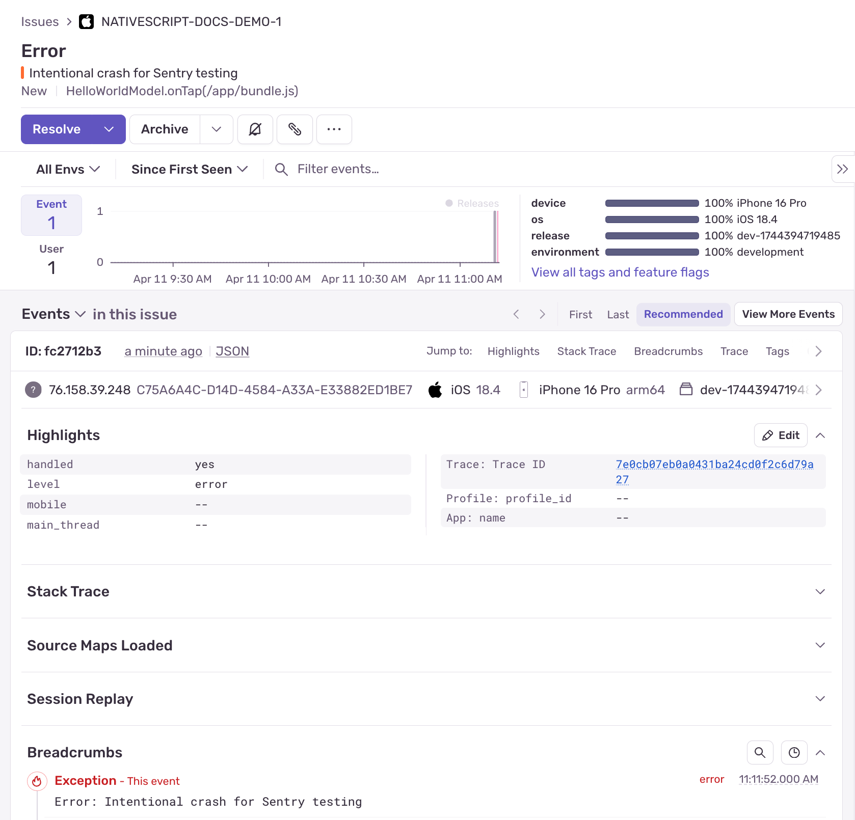 Sentry Crash Reporting with iOS